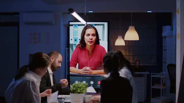 Businesspeople Overworking in Company Office Room Having Online Videocall Conference