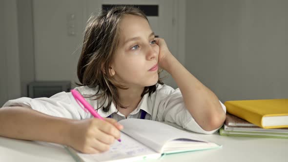 Tired Schoolboy Falls Asleep Doing Her Homework. Back To School.