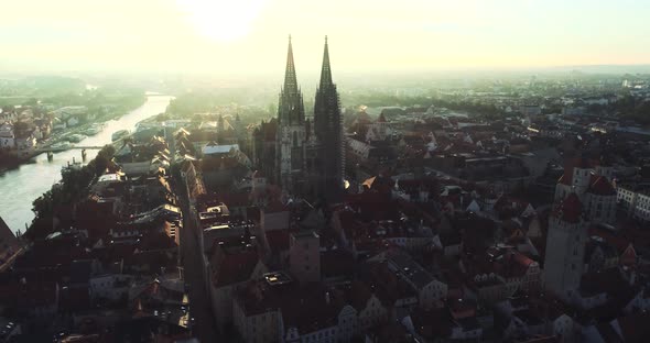 Drone shot of Regensburg and the old town in golden October