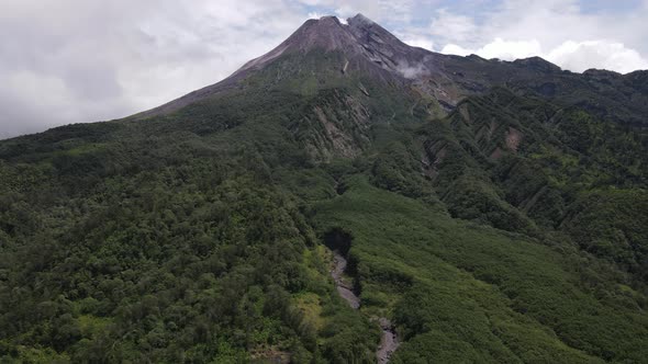 Aerial view of active Merapi mountain with clear sky in Indonesia