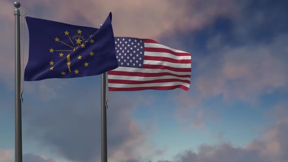 Indiana State Flag Waving Along With The National Flag Of The USA - 4K