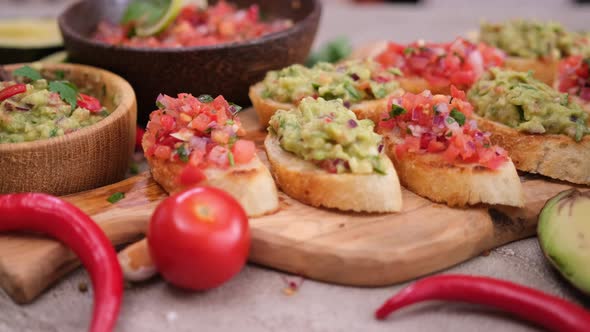 Vegan Healthy Breakfast  Tomato Salsa and Guacamole on Whole Grain Bread Bruschetta