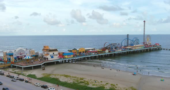 Aerial view of Pier off the coastal area of Galveston Island Texas