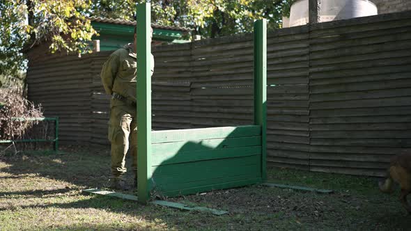 Dog Jumping Over Barrier in Sunshine Outdoors with Man Talking Training Animal Outdoors