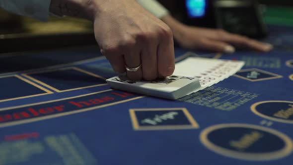 Dealer Beautifully Lays Out Cards on the Card Table in the Casino