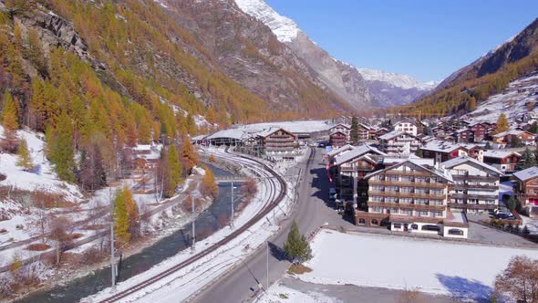 The Village of Tasch in Switzerland in the Winter Aerial View