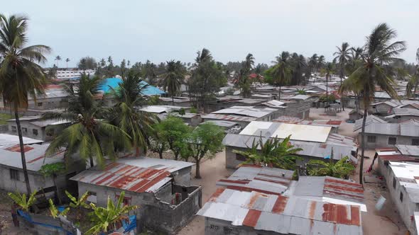 Aerial View African Slums Dirty House Roofs of Local Village Zanzibar Nungwi