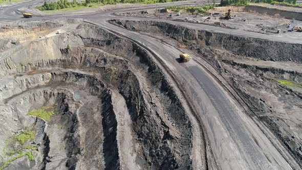 Big Yellow Heavy Truck in Open Cast Mine Mining of Coal the Overall Plan. Open Pit Anthracite Mining