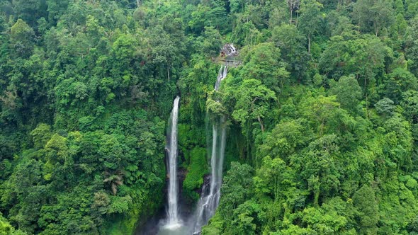 Sekumpul waterfall, Bali, Indonesia. Aerial view on the waterfall. Landscape from air