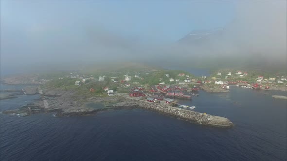 Scenic aerial of fishing port A i Lofoten in Norway.