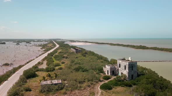 Abandoned structure inside Yucatan Mangrove seen from a drone