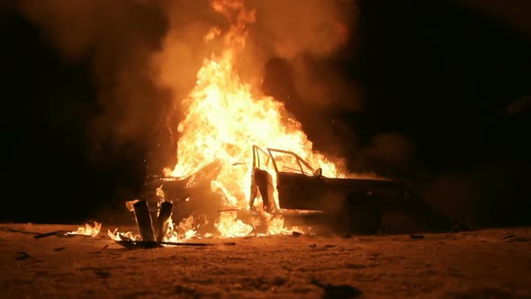 Car Explosion On Night, Burning Car, Side View