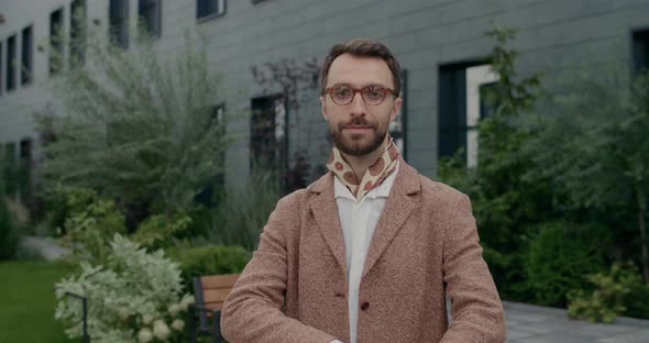 Portrait Self Confident Positive Male Person Glasses Turning Head Crossing Arms