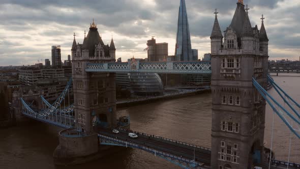 Aerial View to the Beautiful Tower Bridge and the Skyline of London