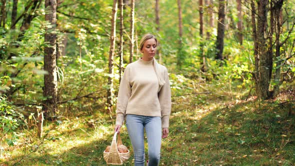 Young Woman Picking Mushrooms in Autumn Forest