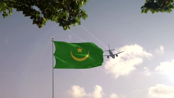 Mauritania Flag With Airplane And City -3D rendering