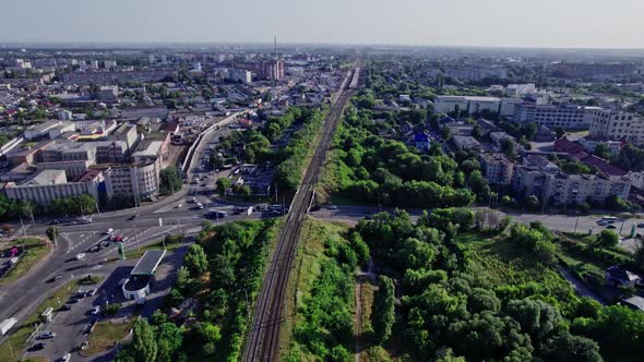 Road with Moving Carsrailway and Railway Bridge