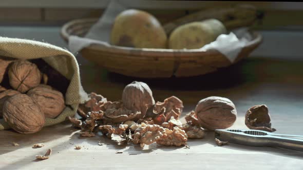 Walnuts on a wooden kitchen table