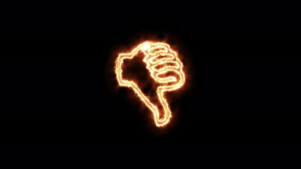 Animated hand sign and thumb down on fire.  Animation on a black background burning in a flame.