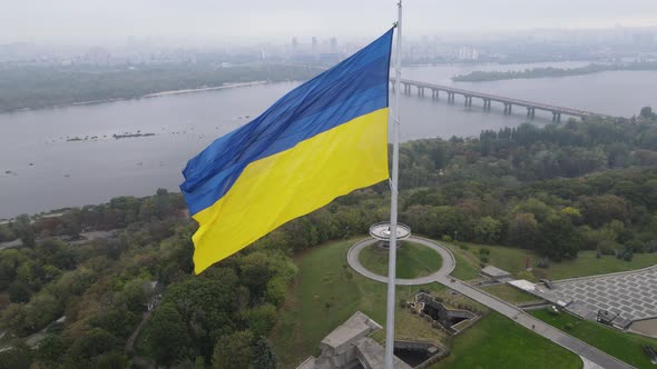 Aerial View of the Flag of Ukraine in Kyiv. Slow Motion. Kiev