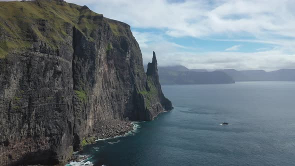 Flying Towards Trollkonufingur, Also Called The Witch's Finger on Faroe Islands.