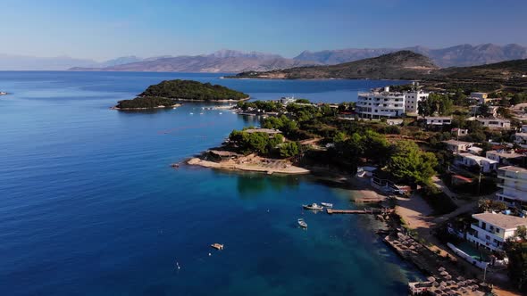 Flying Drone Over One of the Most Beautiful Beaches of Albania, Ksamil Beach