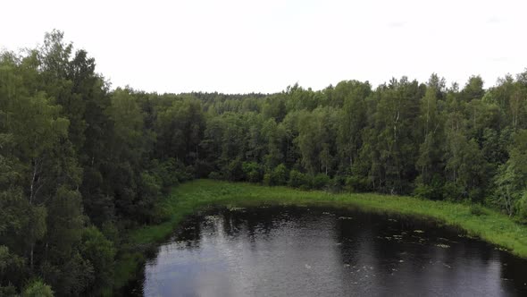 Swampy place at Murolahti bay, aerial camera fly back and up, reveal shot