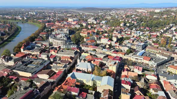 Panoramic Aerial View of Historic City Uzhhorod in a Beautiful Summer Day