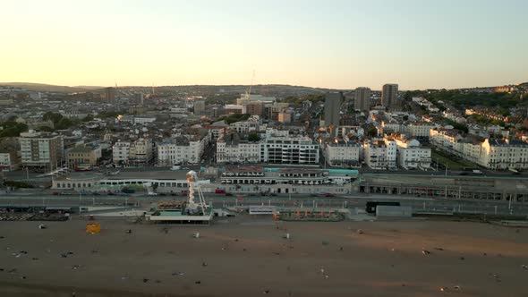 Aerial Side View Brighton Beach Uk Sunset