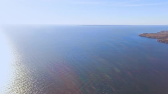 Panoramic aerial footage of Bay of Fundy and Head Harbour Lightstation, Canada