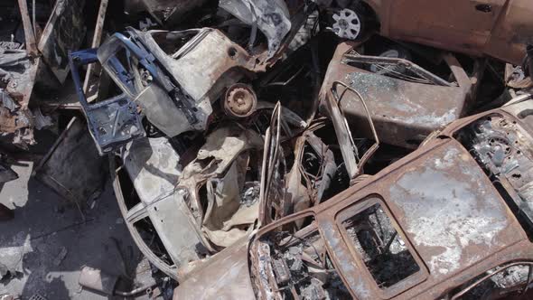 War in Ukraine a Dump of Shot and Burned Cars in Irpin