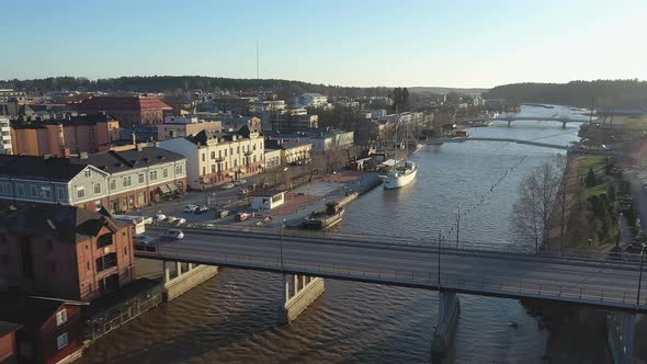 Awesome Drone Shot of the Riverside Architecture and Bridges in Porvoo Finland