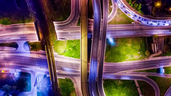 Freeway Intersection Traffic Trails in Night Moscow