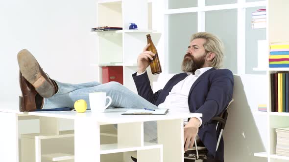 Freelancer Hipster, Office Worker, Business Man Finishing Work Before Deadline, Drunk Ending of