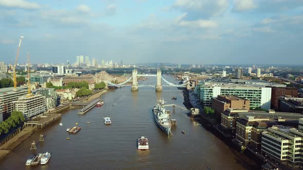 Aerial London Thames River View near Tower Bridge