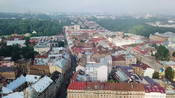 Top view of ancient city with the roofs of old architectural buildings.