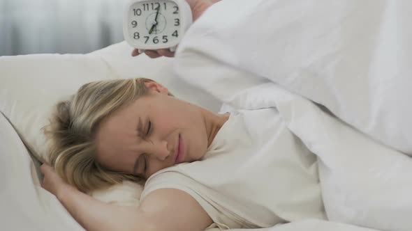 Alarm Clock Waking Up Student, Girl Covering With Blanket and Goes on Sleeping