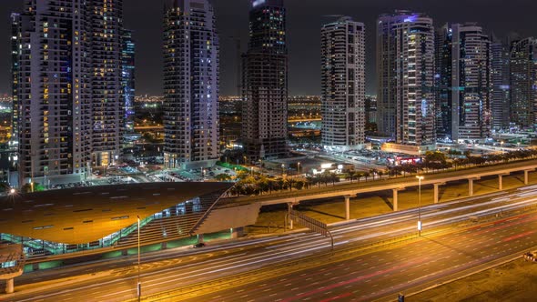 Aerial Top View to Sheikh Zayed Road Near Dubai Marina and JLT Timelapse Dubai