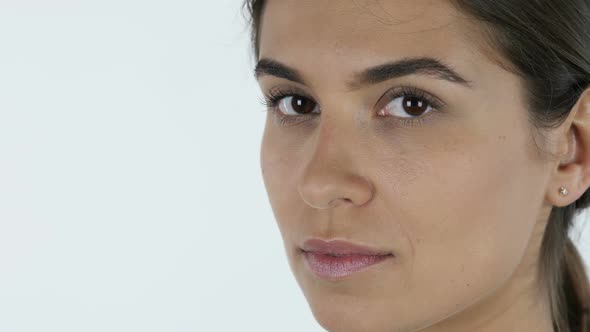 Close up of young Beautiful Girl Face, White Background in Studio