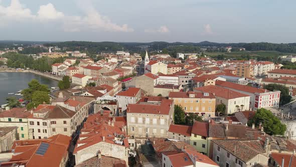 Aerial view of Porec, Parenzo at evening