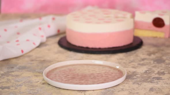 A Piece of Delicious Strawberry Mousse Cake. Modern Dessert.