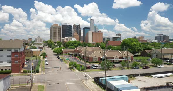 Birmingham, Alabama skyline with drone video moving up.