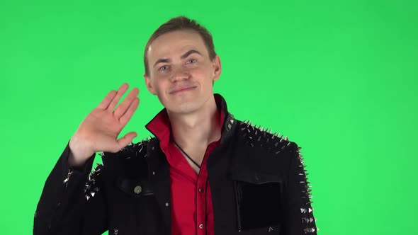 Guy Waving Hand and Showing Gesture Come Here. Green Screen