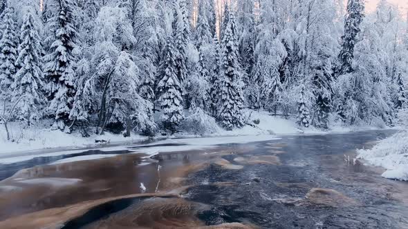 Creek with Dark Water and Ice Runs Across Snowy Forest