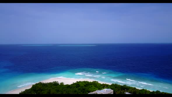 Aerial top down panorama of perfect sea view beach holiday by turquoise ocean and bright sandy backg