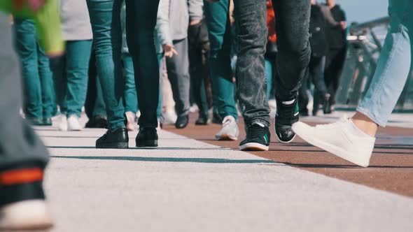 Legs of Crowd People Walking on the Street Closeup of People Feet Slow Motion