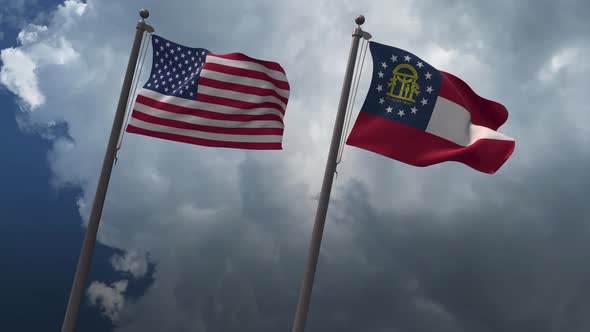 Waving Flags Of The United States And Georgia State Flag 4K