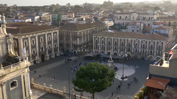 Catania, Sicily, Italy. Piazza Duomo (Cathedral Square) . Zoom Out Shot in Daytime.