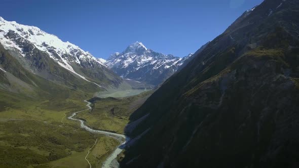 Mt Cook, New Zealand - Aerial view by drone flying over Hooker valley track