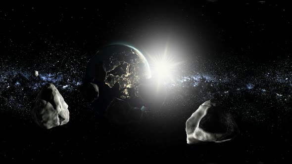 Vr 360 Asteroids in Space Fly to Earth